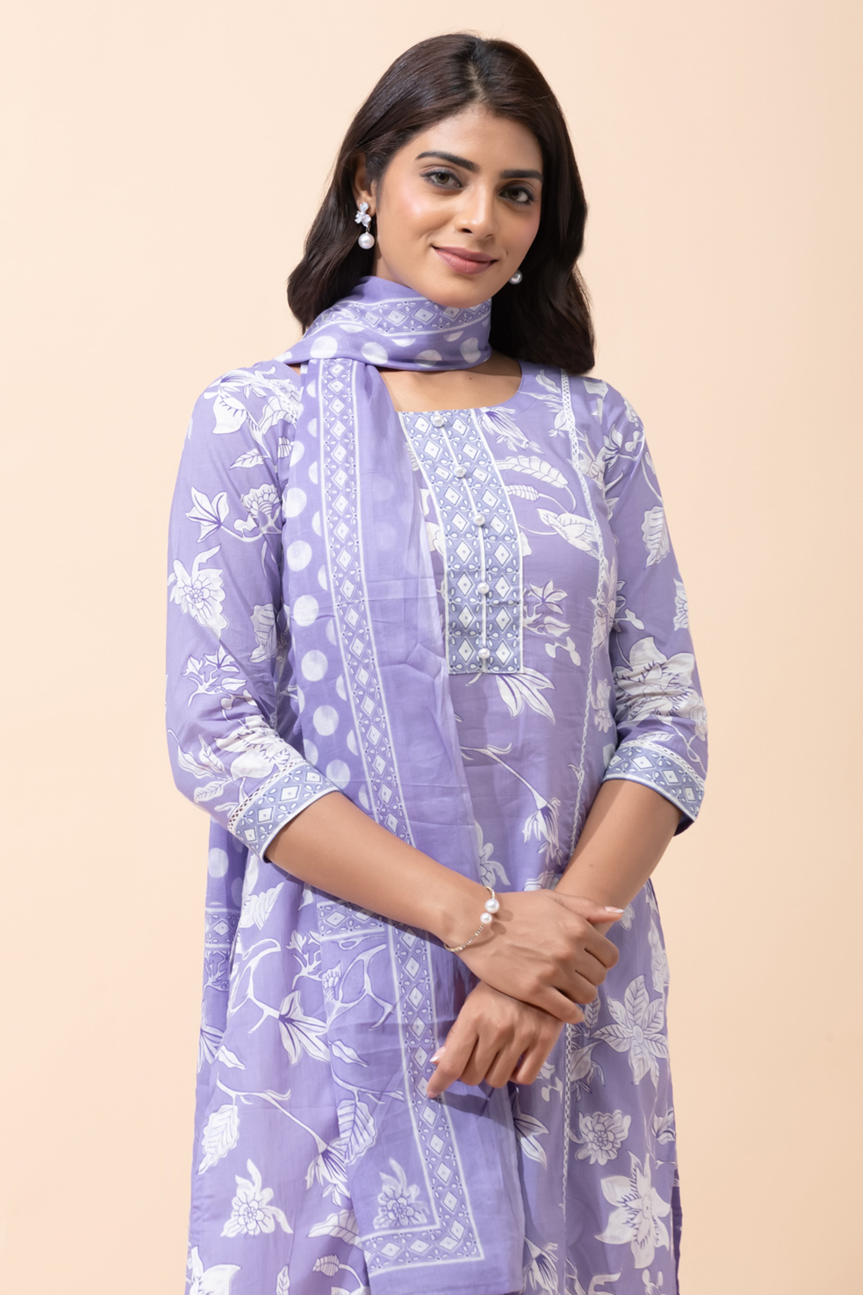 Lavender Floral Printed Cotton Kurta Set