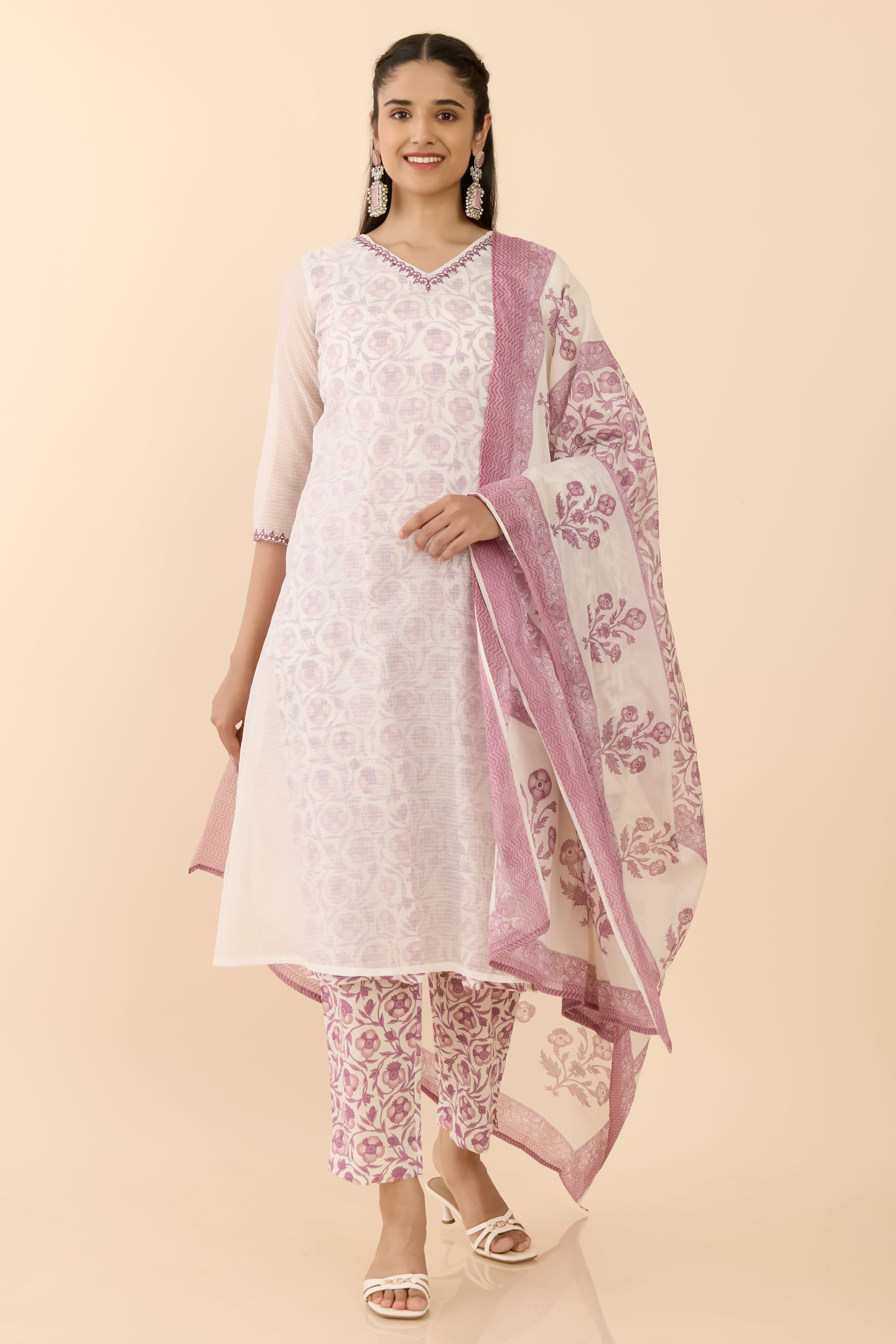 WHITE FLORAL PRINTED A-LINE KURTA SET