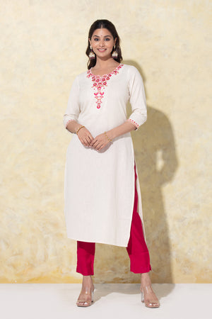 Floral Embroidered Off-White & Magenta Kurtaset with Printed Dupatta