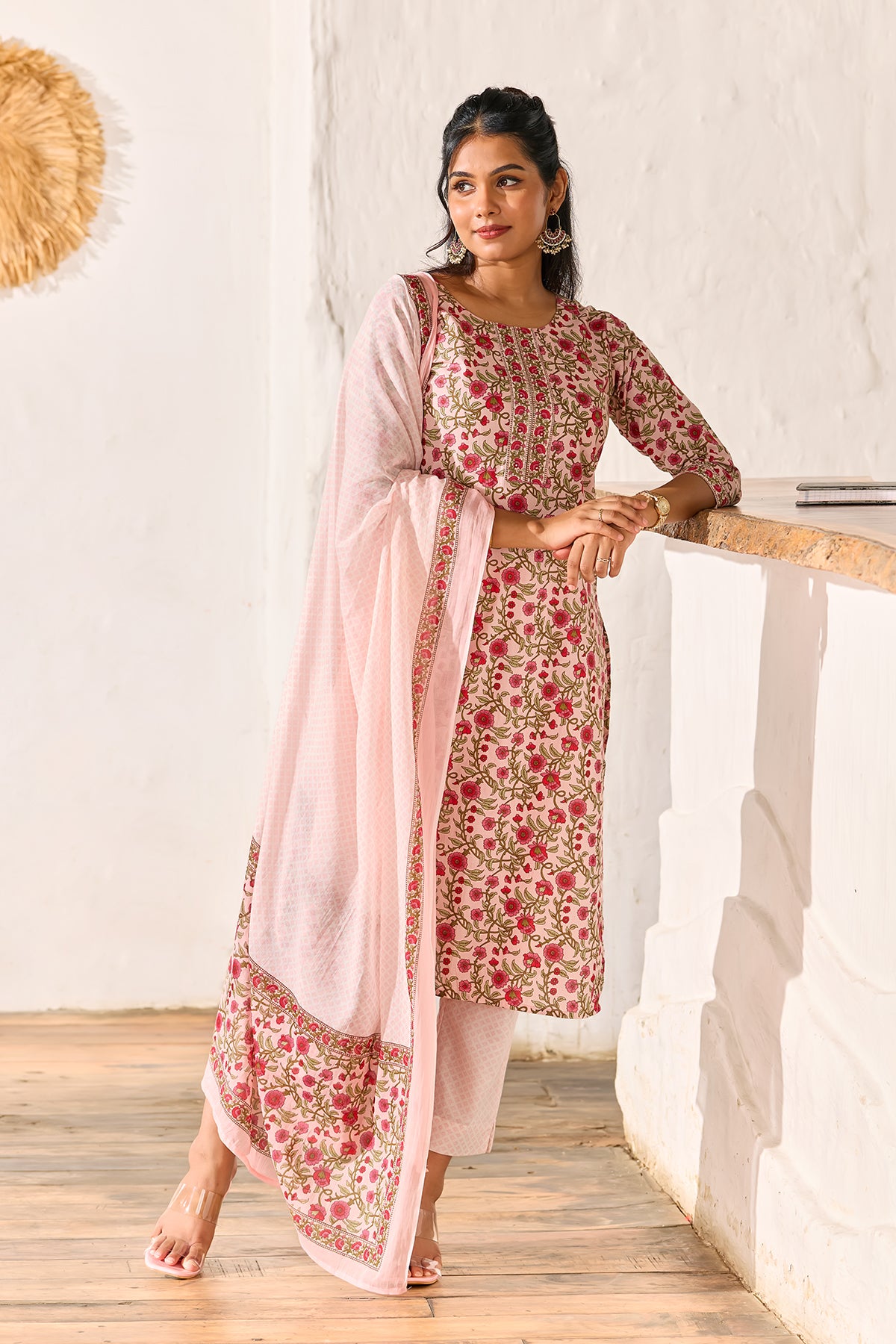 Pastel Pink Floral Pinted Cotton Kurtaset with Dupatta