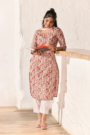 Pastel Pink Floral Pinted Cotton Kurtaset with Dupatta