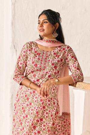 Pastel Pink Floral Pinted Cotton Kurtaset with Dupatta