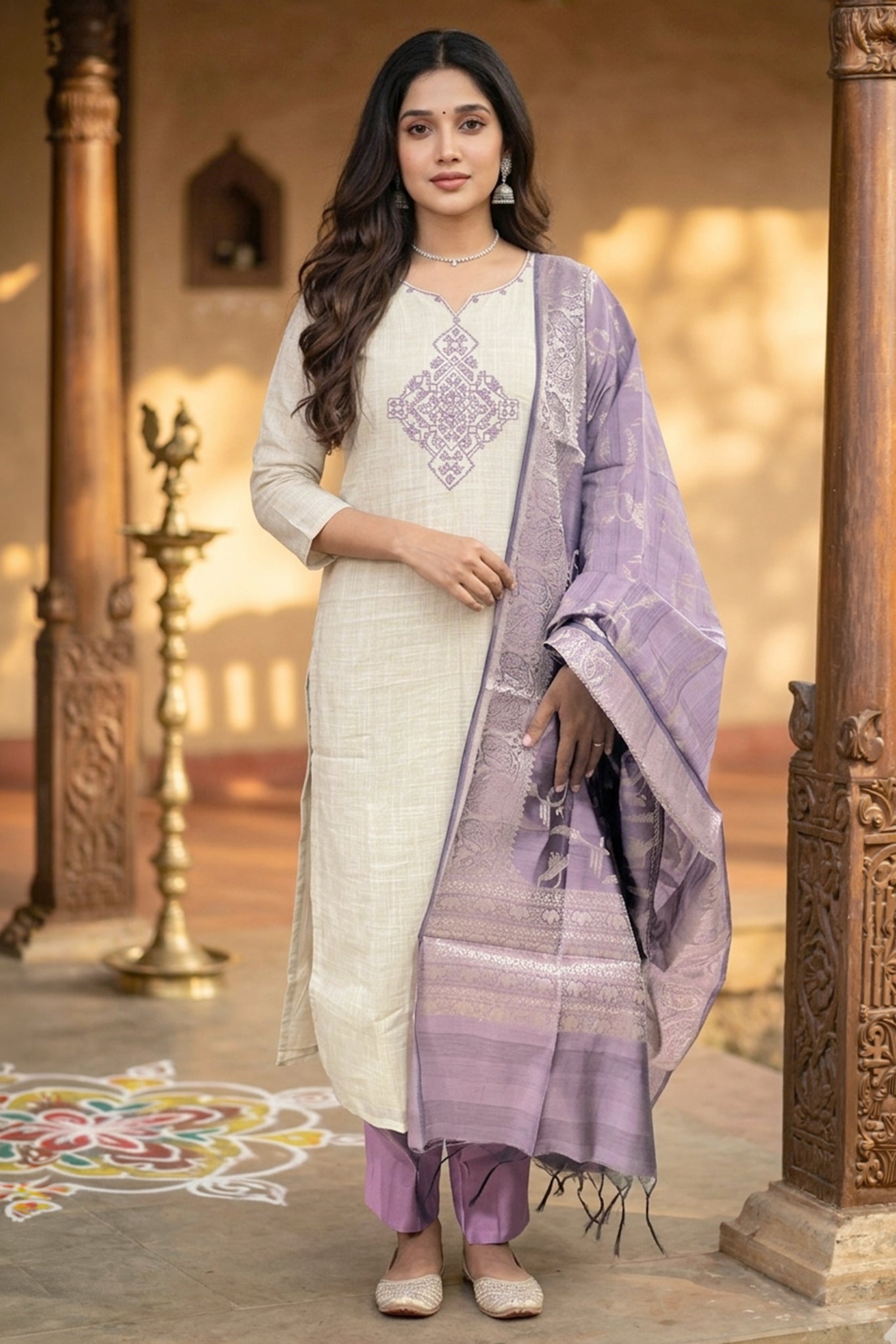 BEIGE KOTA DORI KURTA SET WITH LAVENDER DUPATTA