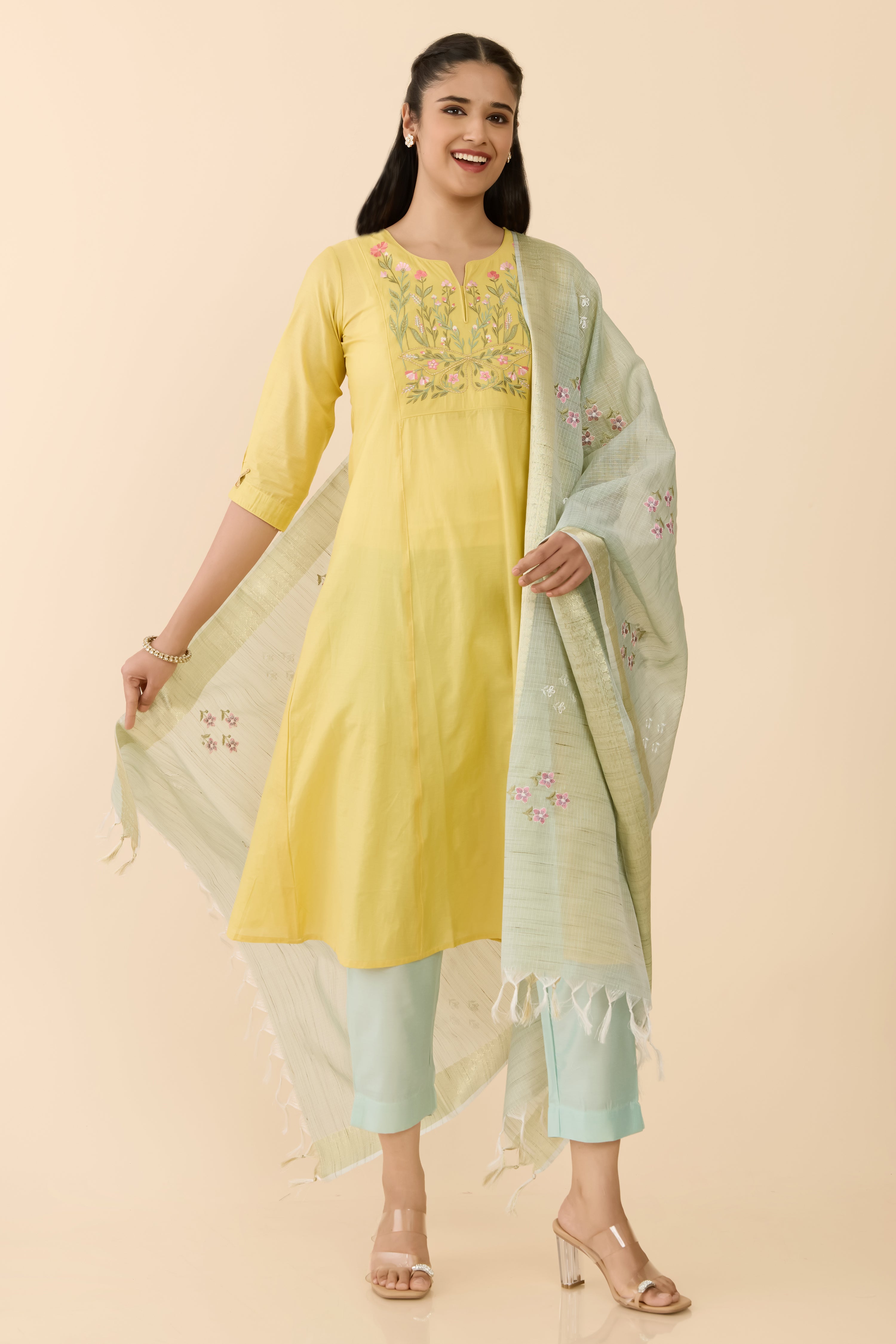 YELLOW FLORAL PRINTED A-LINE KURTA SET