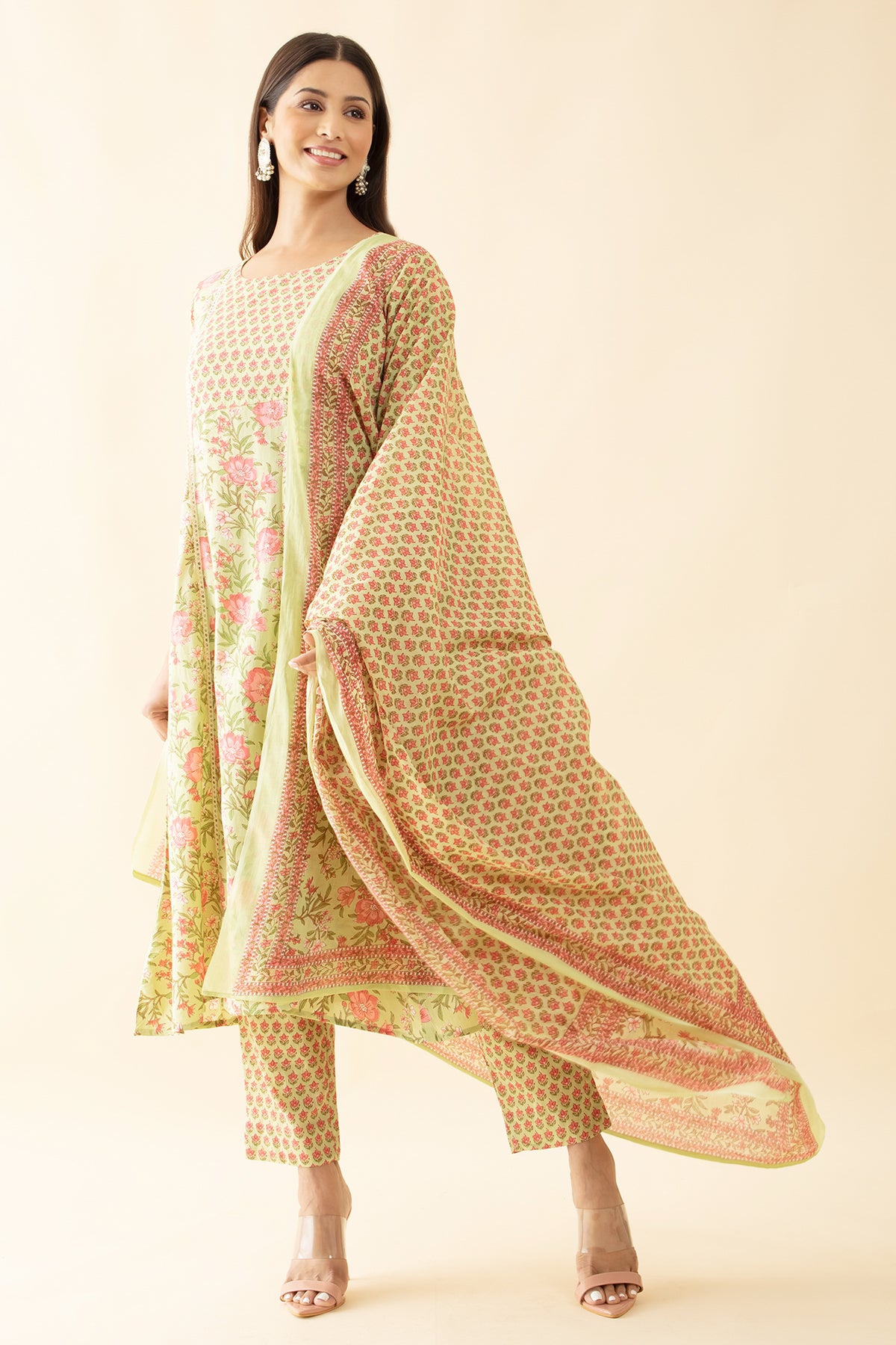 A-Line Cotton Kurta Set with Lace Panels & Ditsy Print Dupatta - Lemon Green
