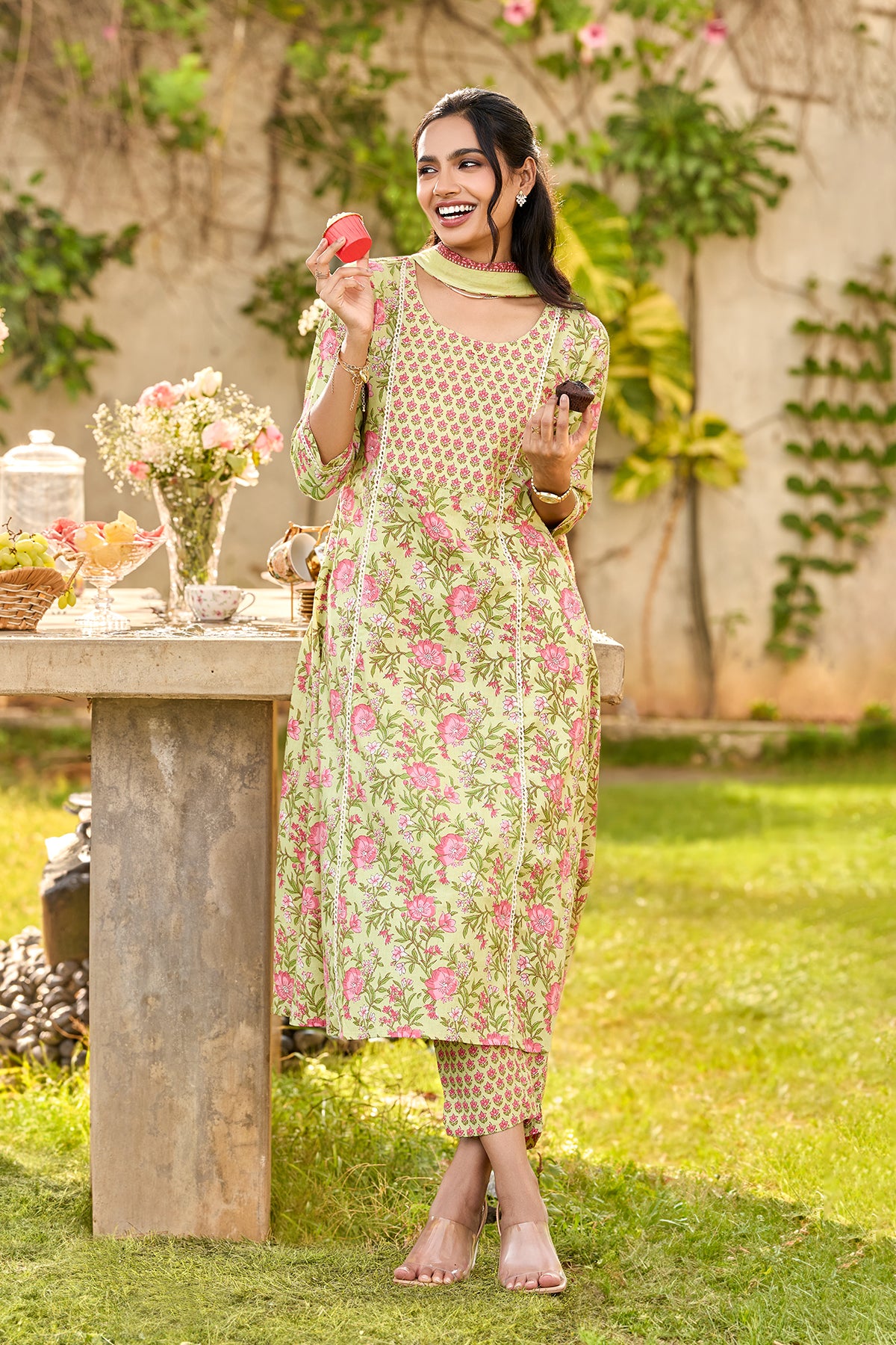 A-Line Cotton Kurta Set with Lace Panels & Ditsy Print Dupatta - Lemon Green