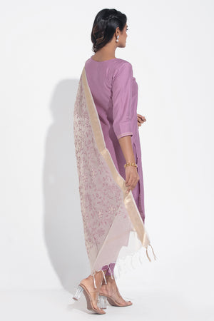 Purple Monotone Floral Embroidered Kurtaset with Beige Dupatta