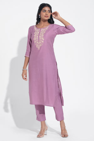 Purple Monotone Floral Embroidered Kurtaset with Beige Dupatta
