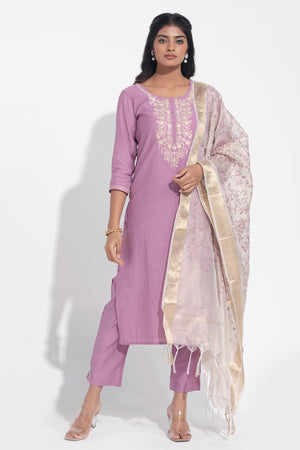 Purple Monotone Floral Embroidered Kurtaset with Beige Dupatta