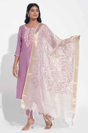 Purple Monotone Floral Embroidered Kurtaset with Beige Dupatta