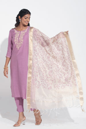 Purple Monotone Floral Embroidered Kurtaset with Beige Dupatta
