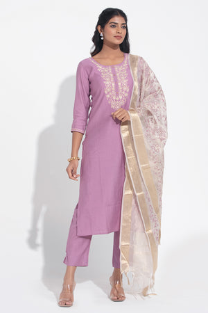 Purple Monotone Floral Embroidered Kurtaset with Beige Dupatta