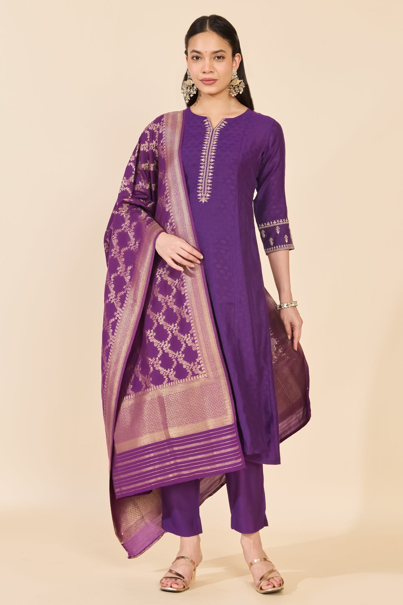 PURPLE BROCADE FLORAL KURTA SET