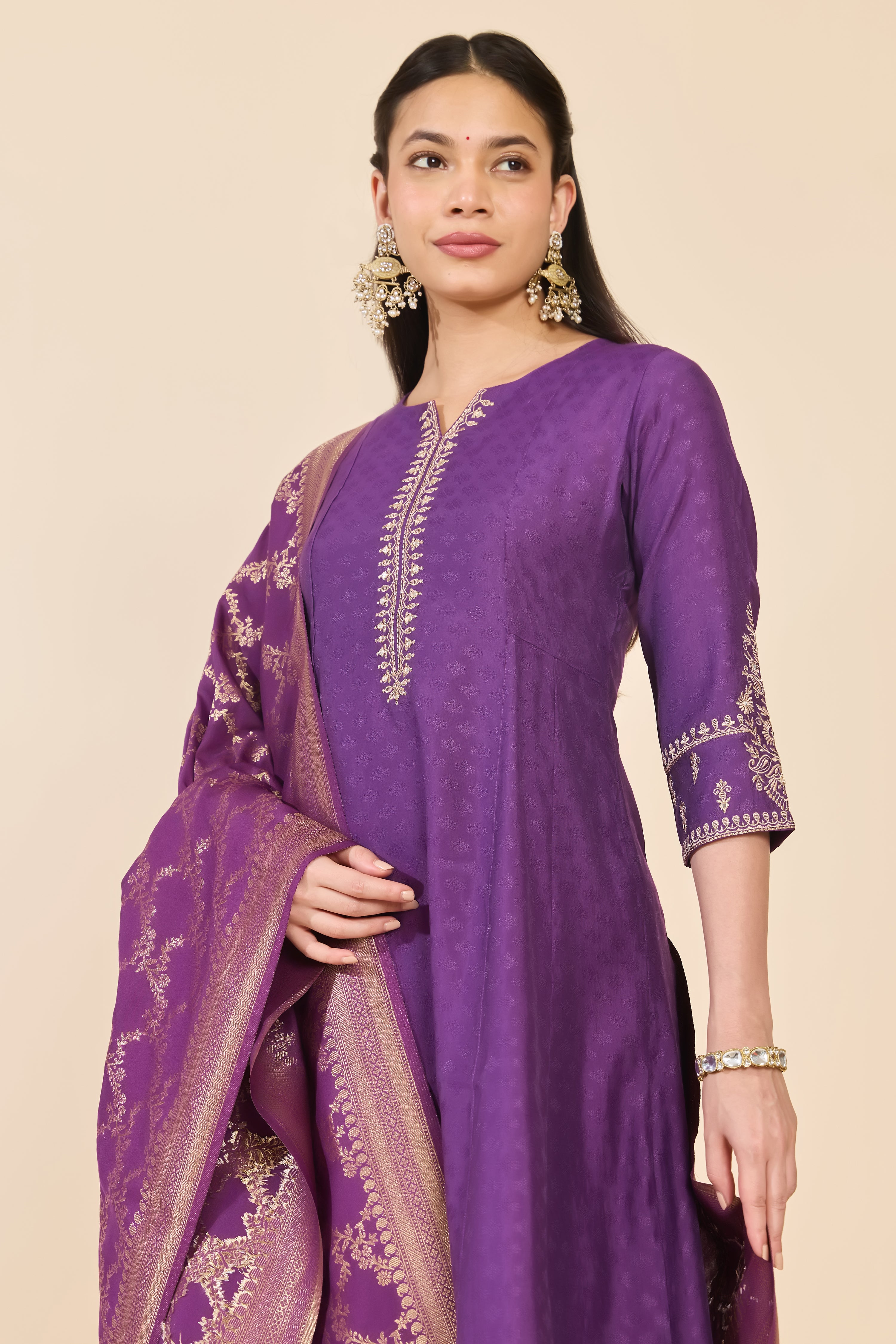 PURPLE BROCADE FLORAL KURTA SET
