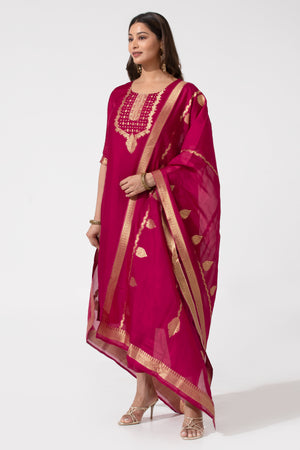 Monochrome Magenta Festive Kurtaset with Brocade Dupatta