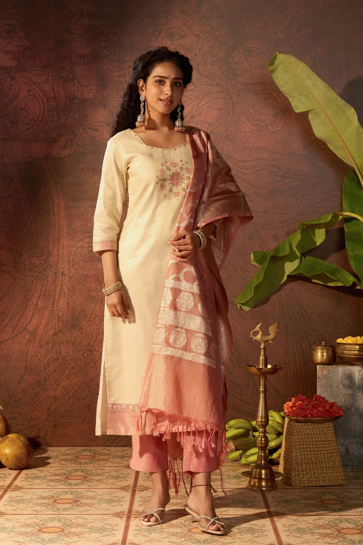 Off White Lotus Embroidered Cotton Tissue Kurta Set