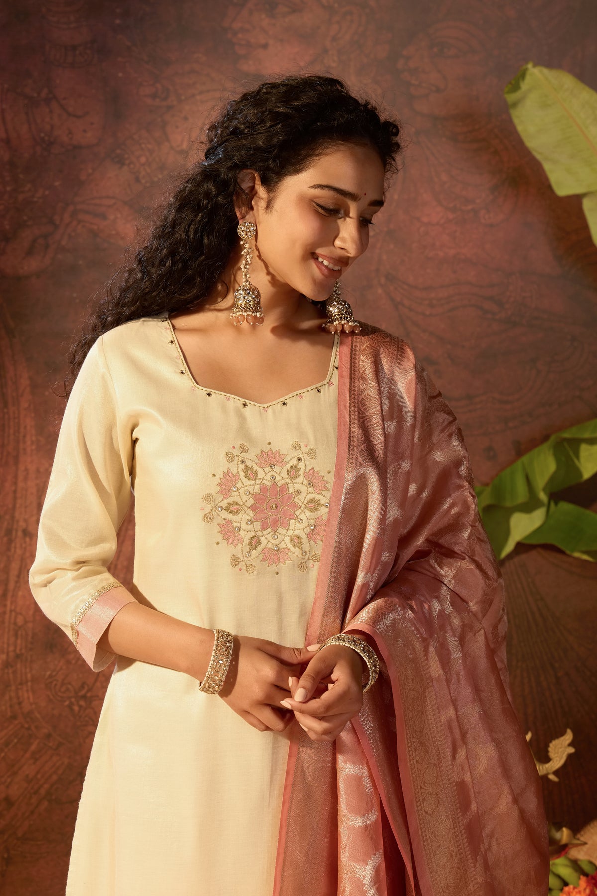 Off White Lotus Embroidered Cotton Tissue Kurta Set