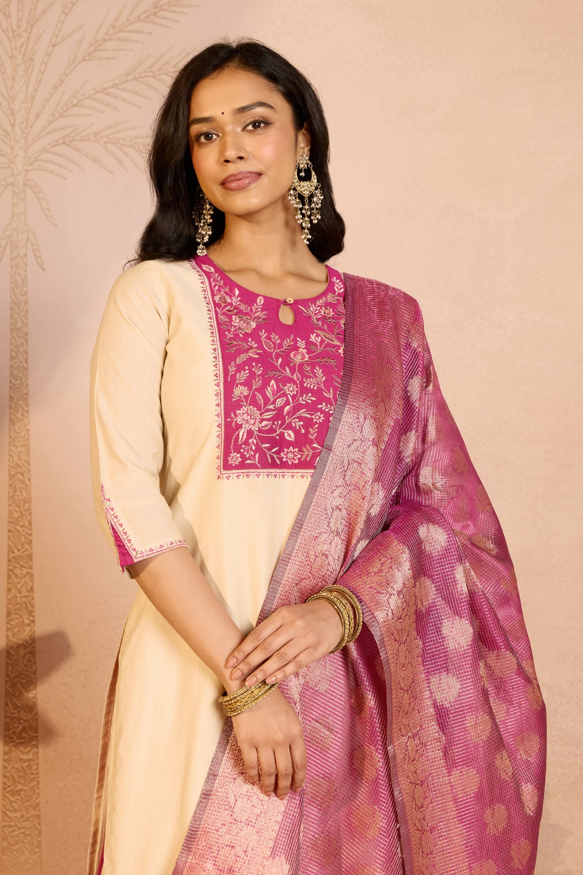 Beige Floral Embroidered Straight Kurta Set With Magenta Dupatta