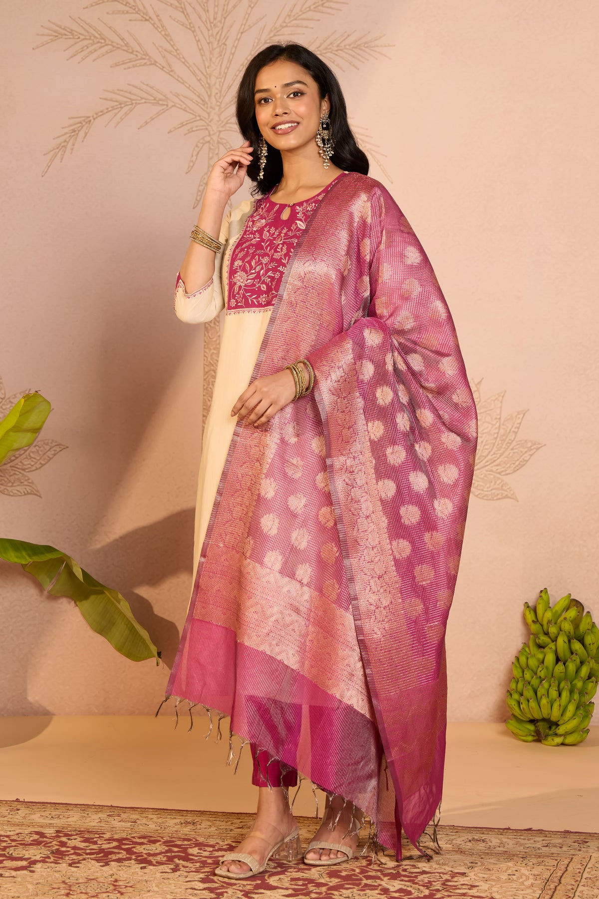 Beige Floral Embroidered Straight Kurta Set With Magenta Dupatta