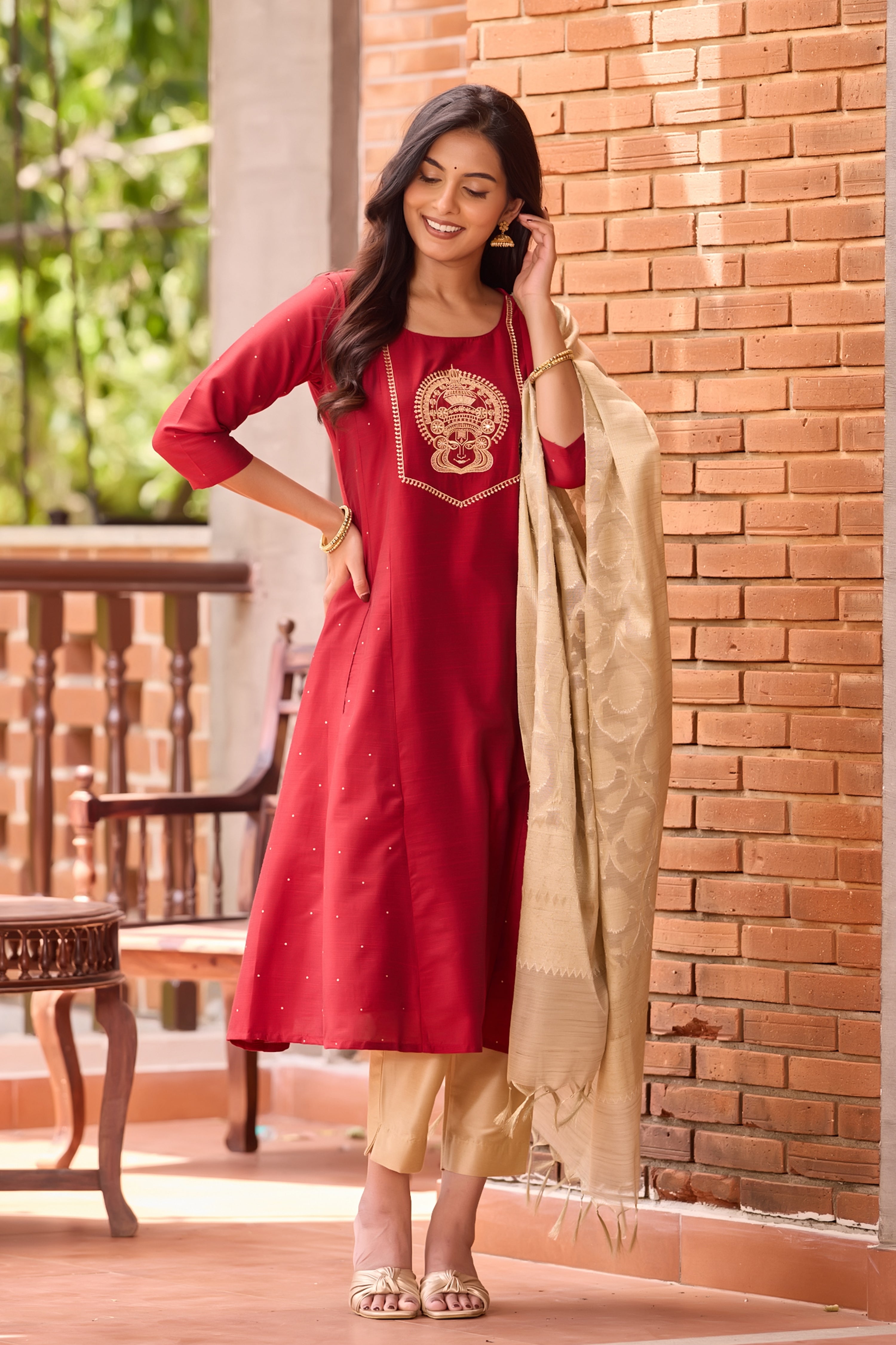 Red Kurta Set with Kathakali Golden Embroidery Yoke & Brocade Dupatta Maybell Womens Fashion Red Kurta Set with Kathakali Golden Embroidery Yoke & Brocade Dupatta Maybell Womens Fashion