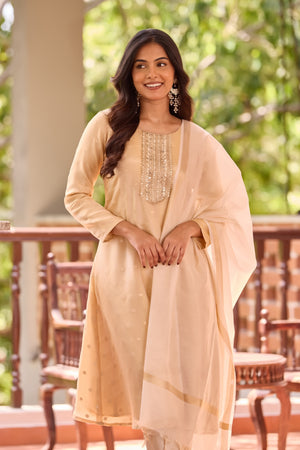 Golden Sequin Brocade Kurta Set with Off-White Tissue Dupatta