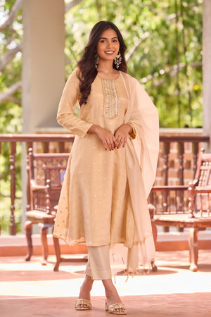 Golden Sequin Brocade Kurta Set with Off-White Tissue Dupatta