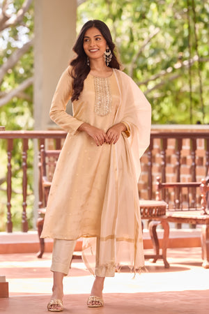 Golden Sequin Brocade Kurta Set with Off-White Tissue Dupatta