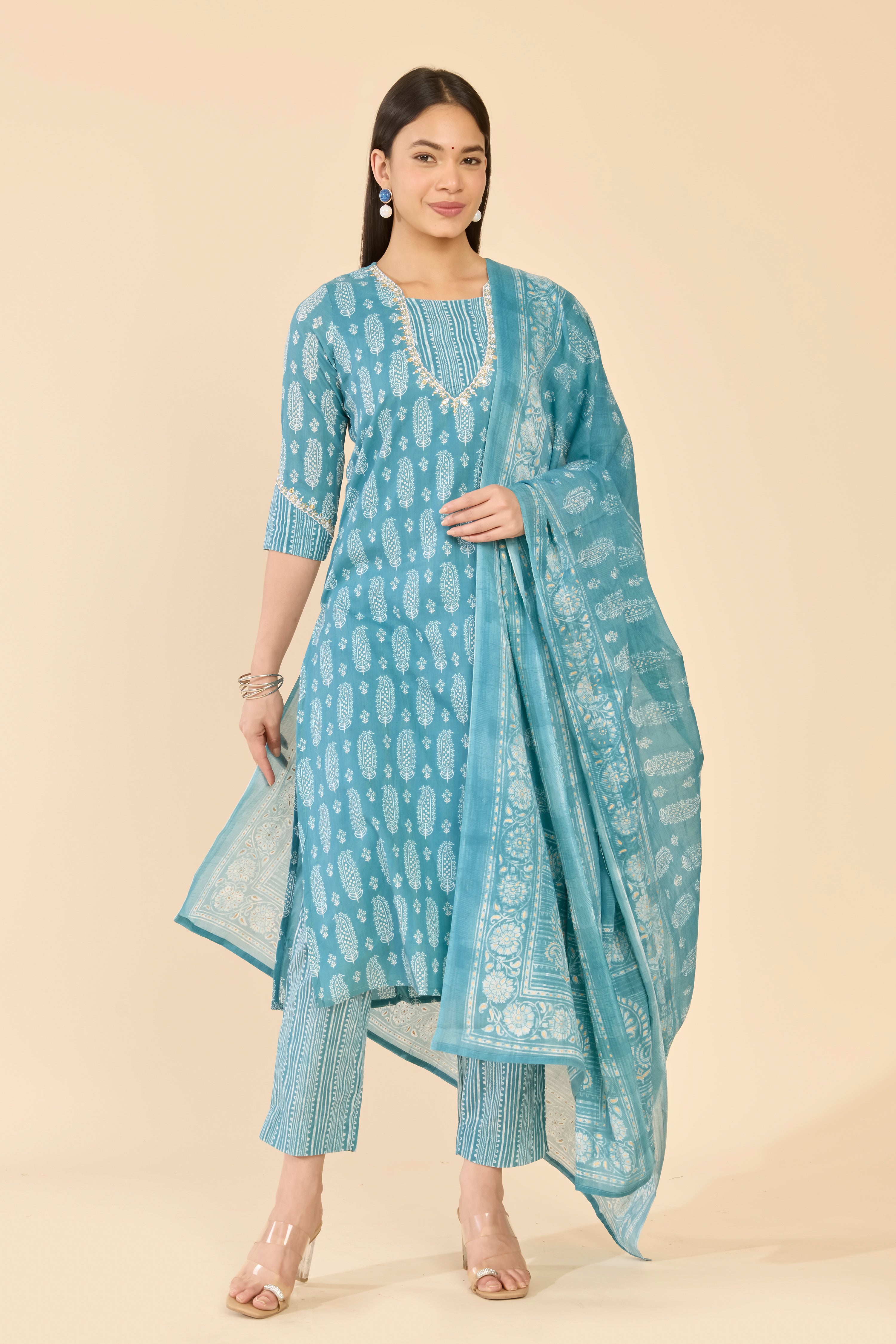 Blue Embroidered Yoke Jaipur Cotton Kurta Set