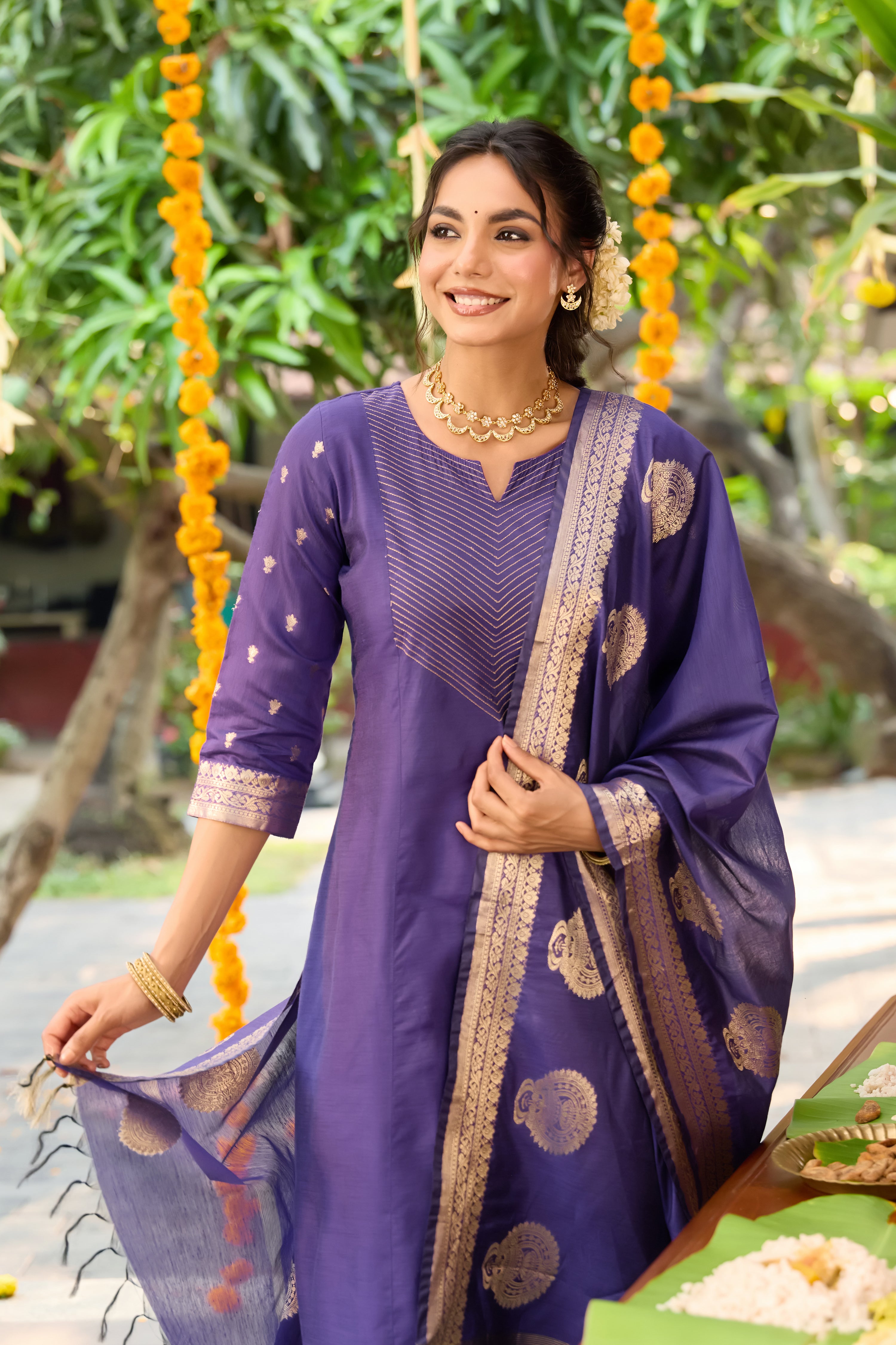 Woven Kathakali Purple Chanderi Kurtaset