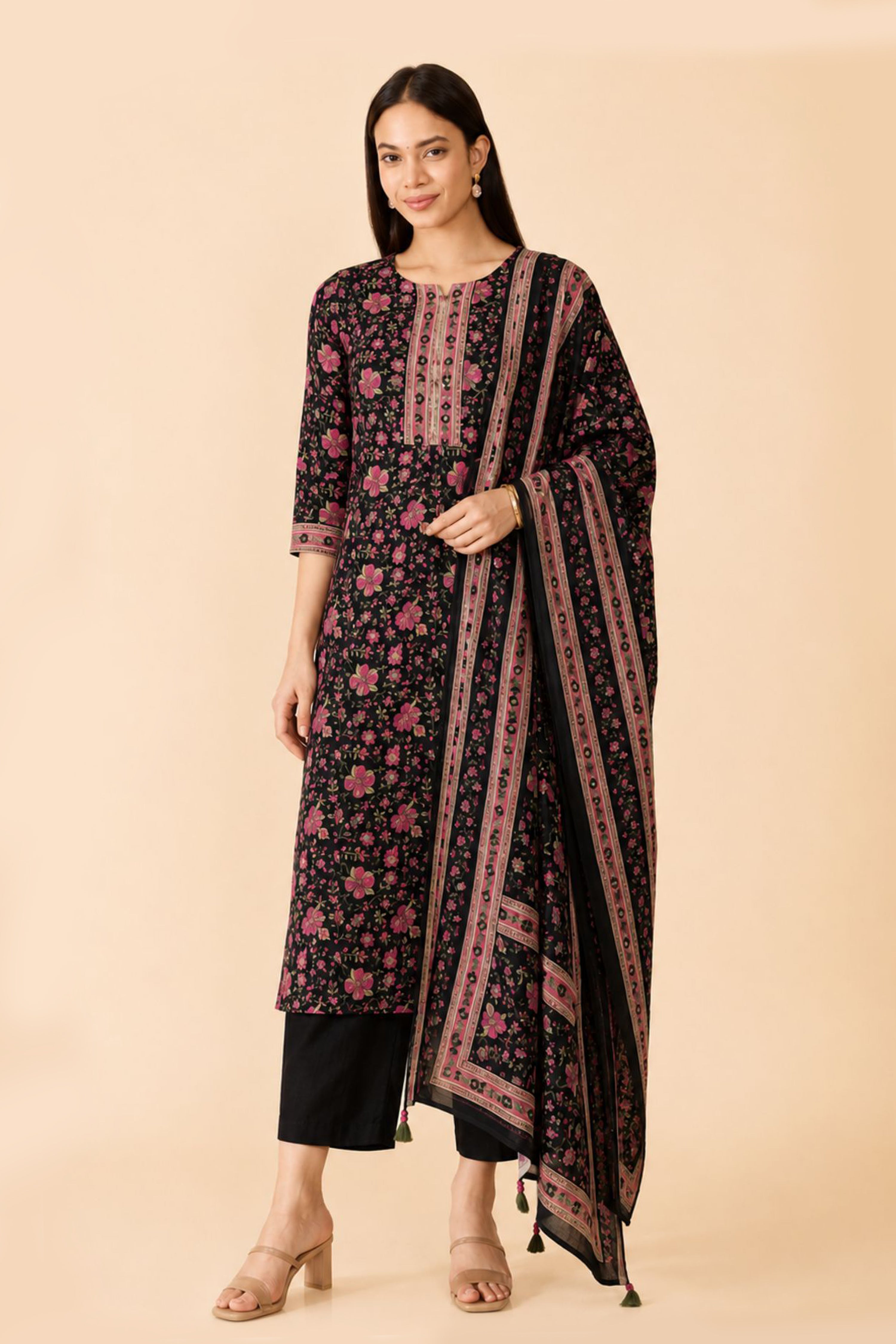 Black Floral Printed Cotton Kurtaset