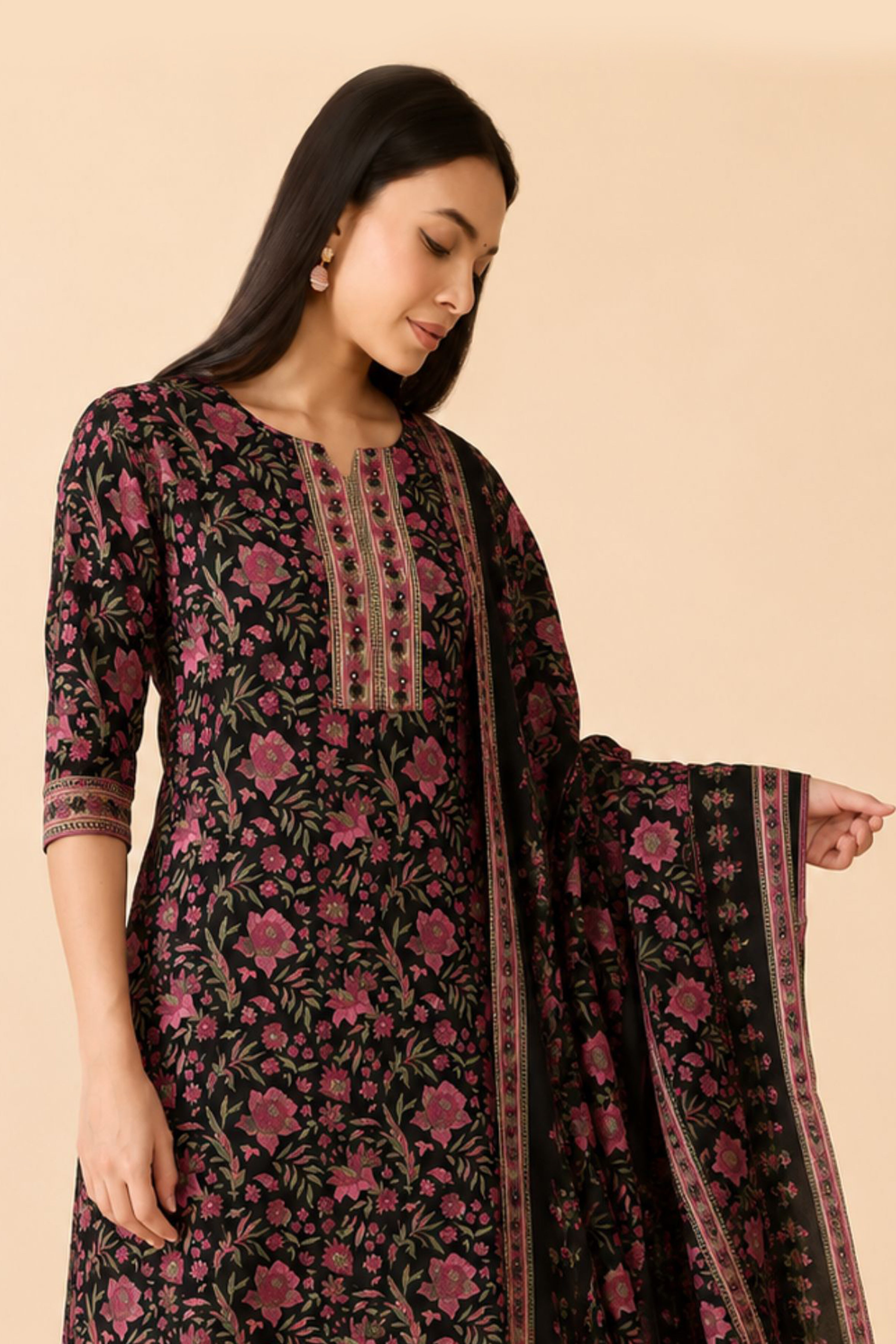 Black Floral Printed Cotton Kurtaset
