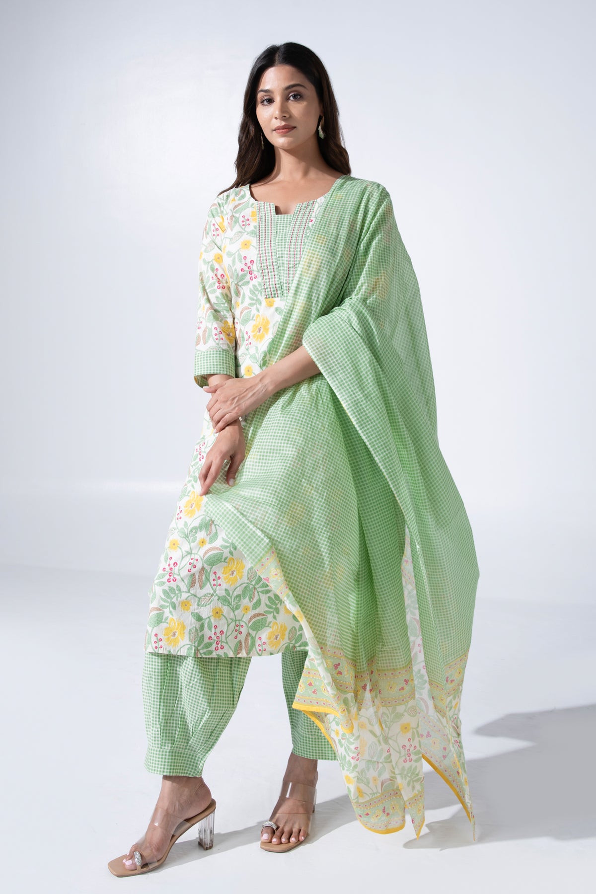 Green Floral Printed Straight Cotton Kurta Set