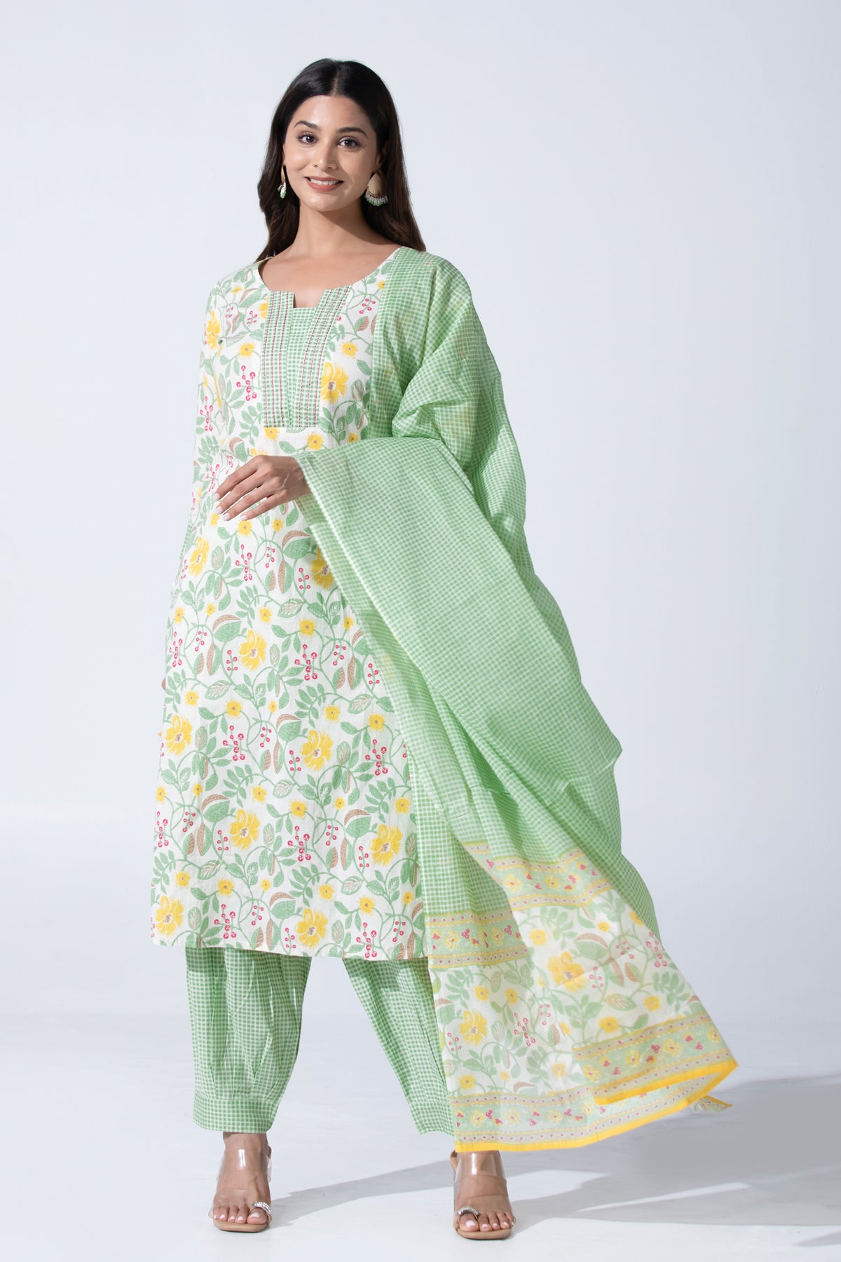 Green Floral Printed Straight Cotton Kurta Set