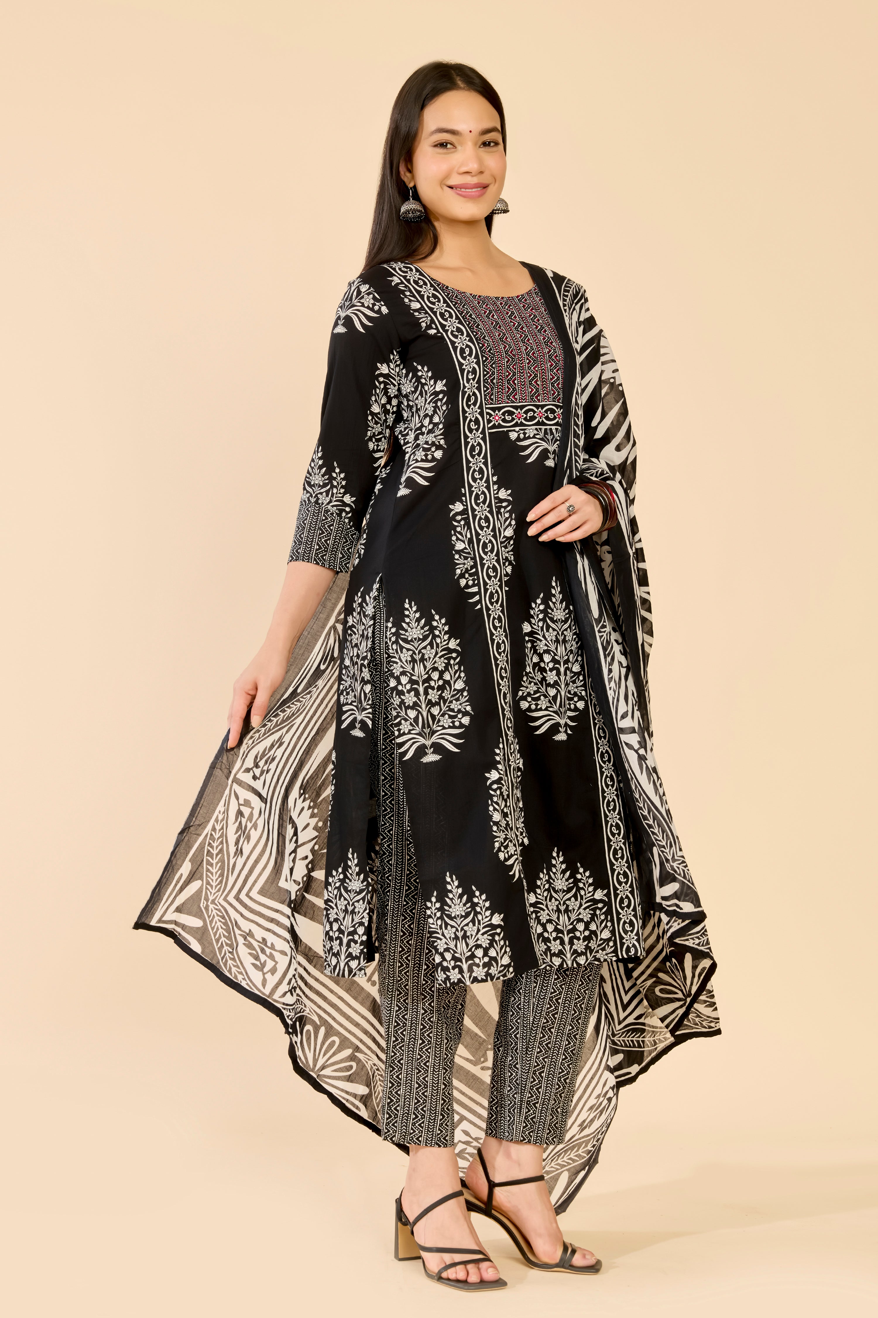 Black Floral Print Cotton Kurta Set