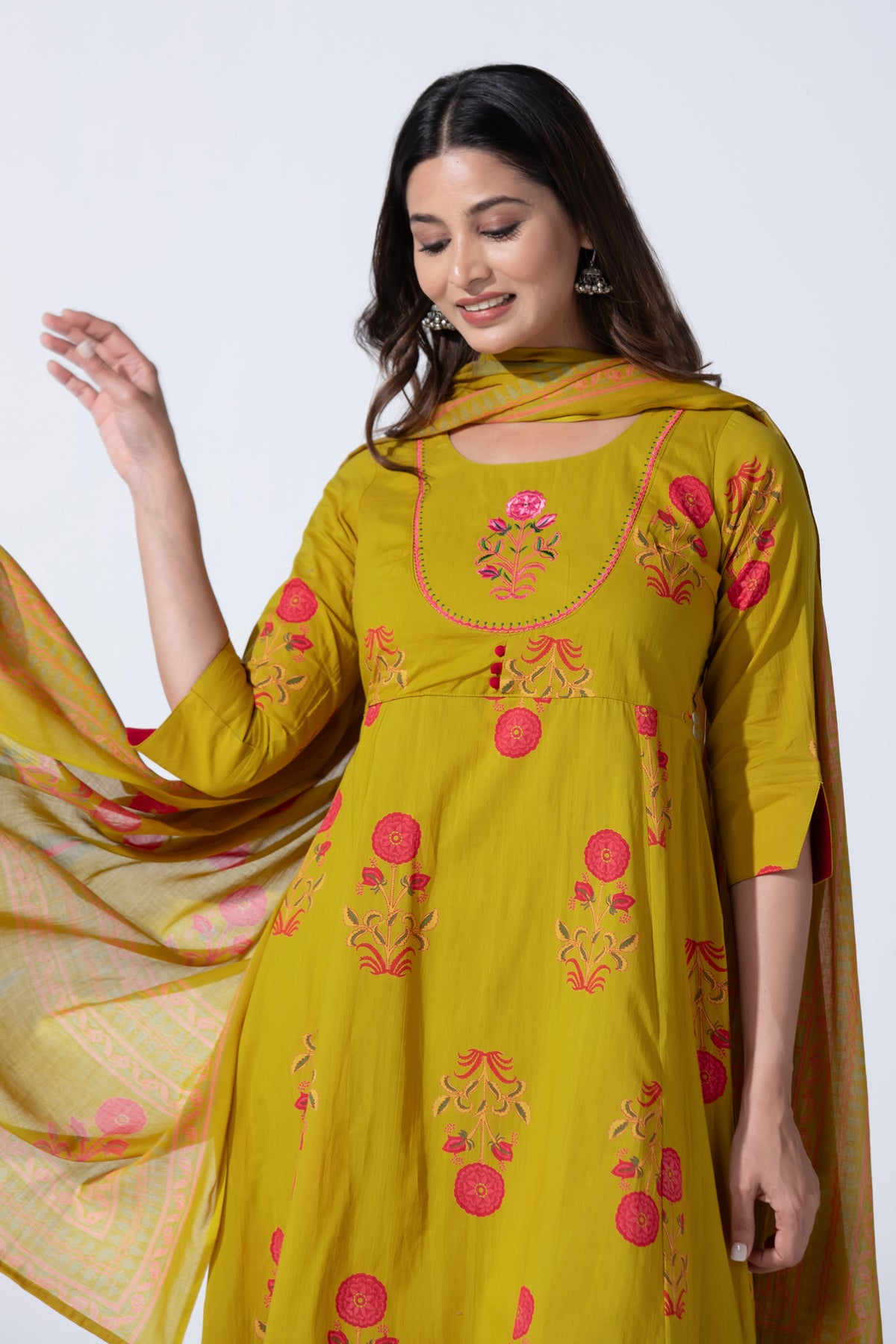 Mustard Jaipur Floral Print Straight Cotton Kurta Set