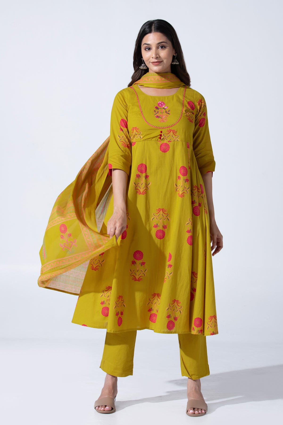 Mustard Jaipur Floral Print Straight Cotton Kurta Set