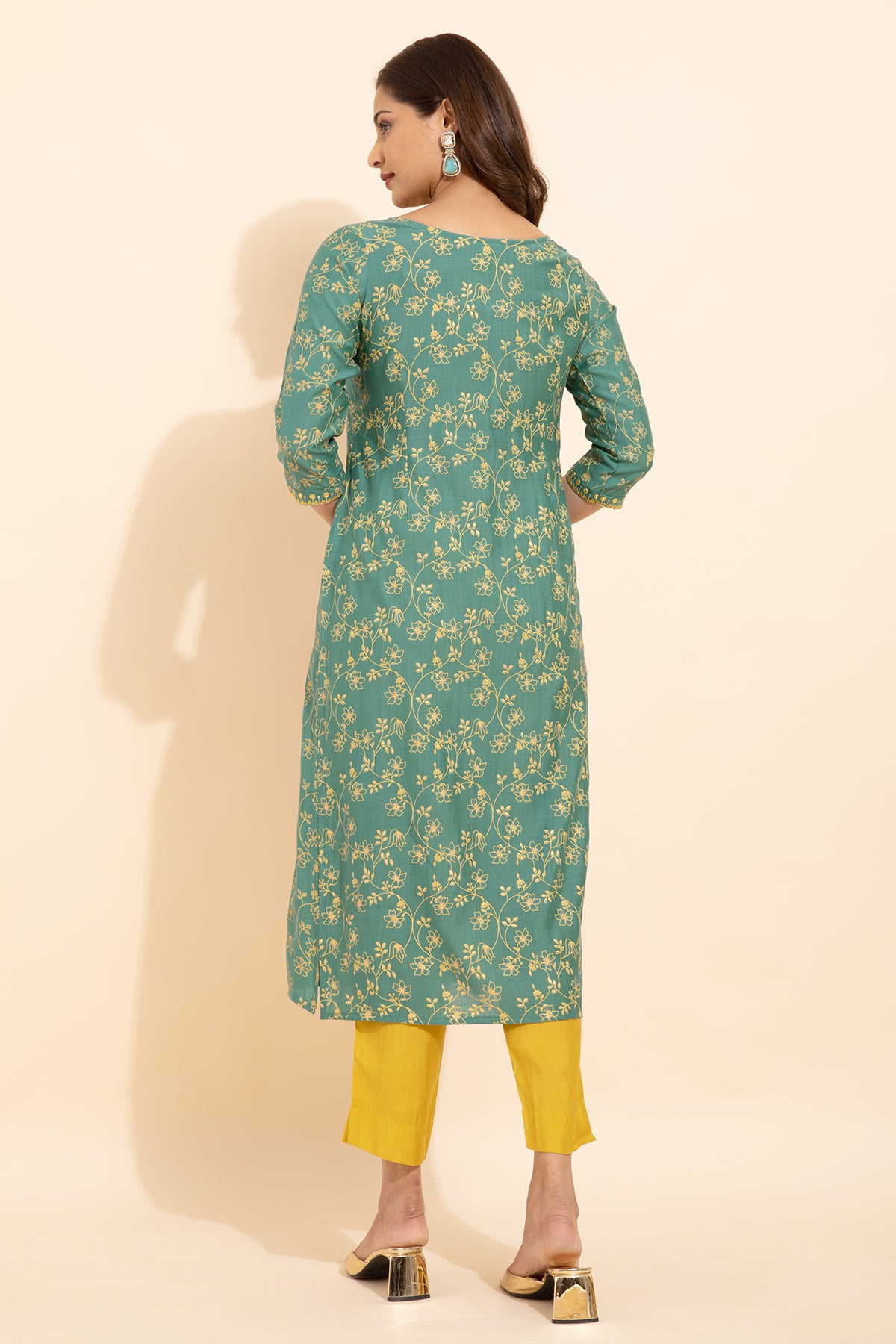 Jewel Embroidered Neckline Floral Printed Kurta Set With Sequin Dupatta Green Yellow