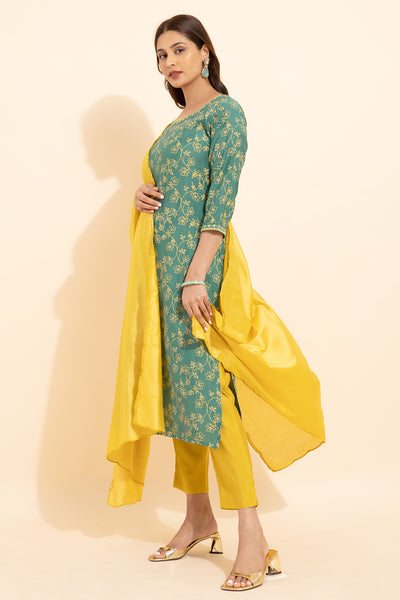 Jewel Embroidered Neckline Floral Printed Kurta Set With Sequin Dupatta Green Yellow