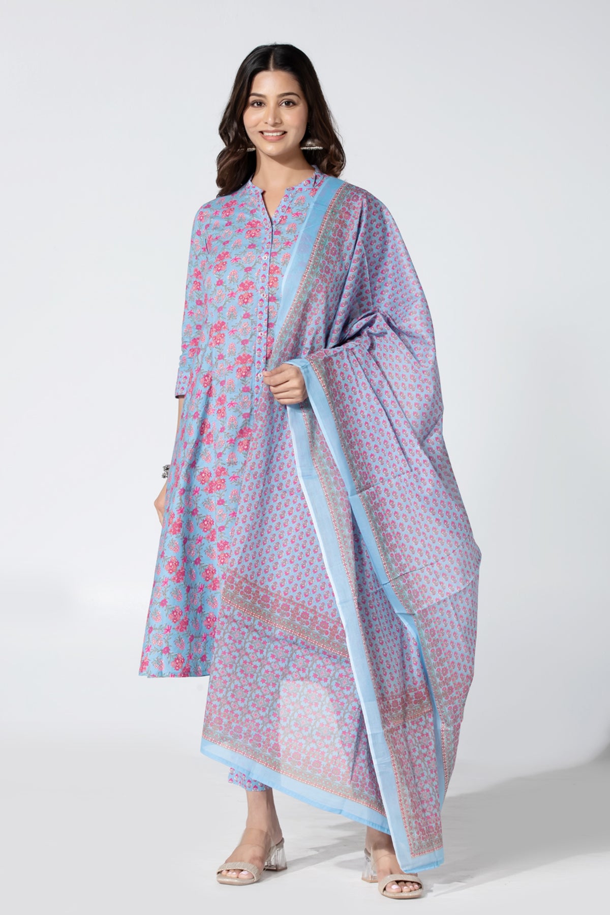 Blue Floral Print Jaipur Cotton Kurta Set