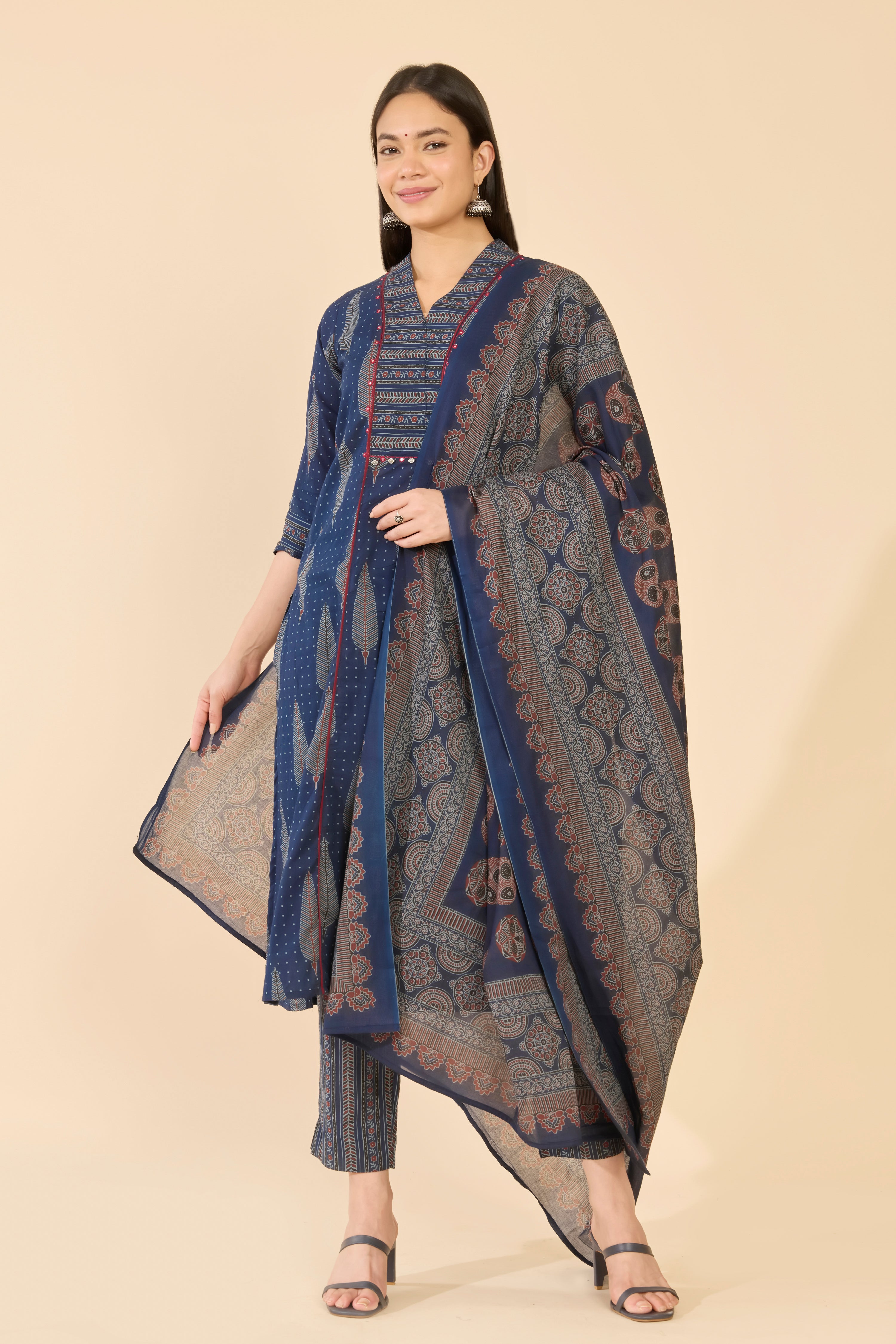 All Over Printed Cotton Kurta Set Workwear - Navy Blue