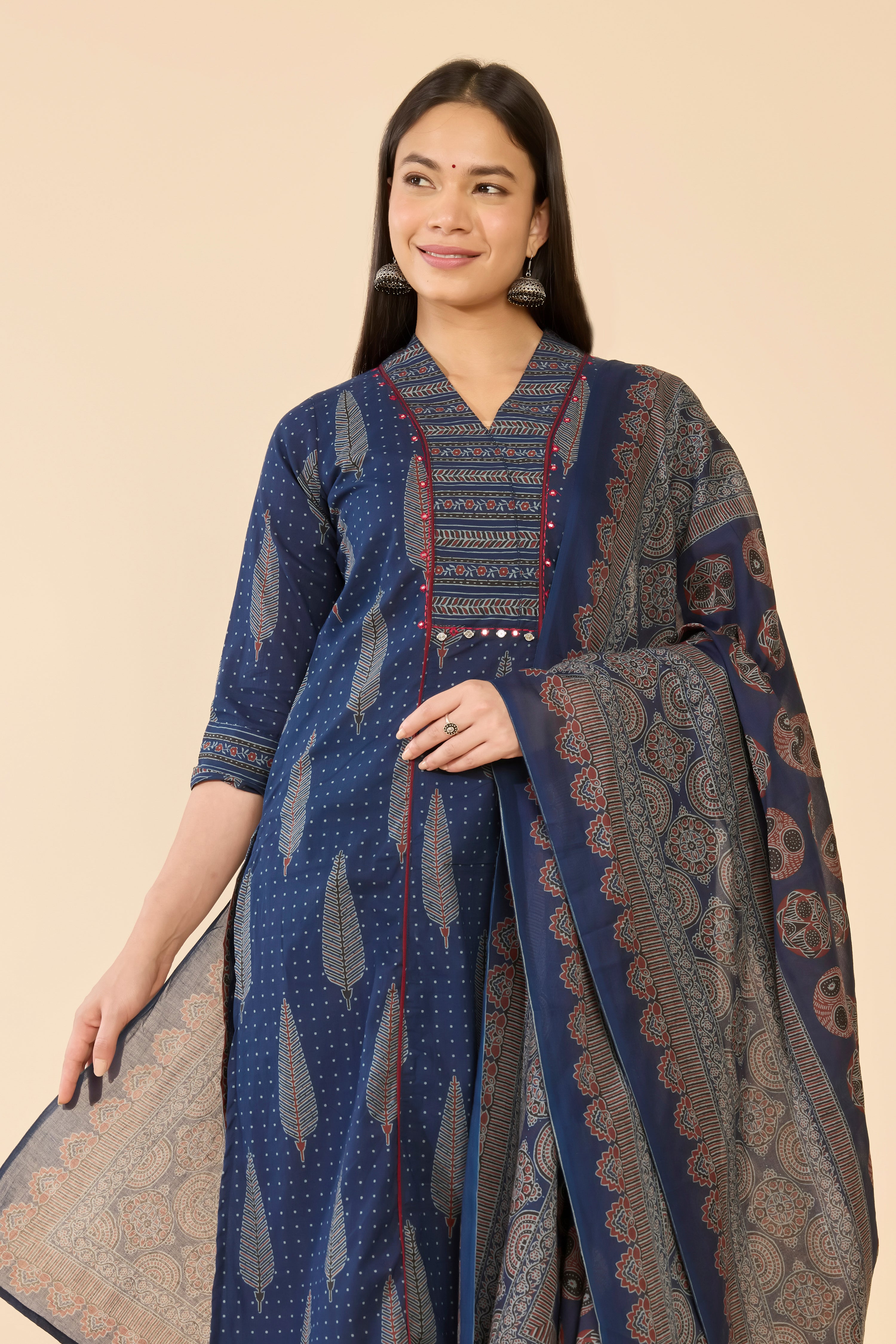 All Over Printed Cotton Kurta Set Workwear - Navy Blue