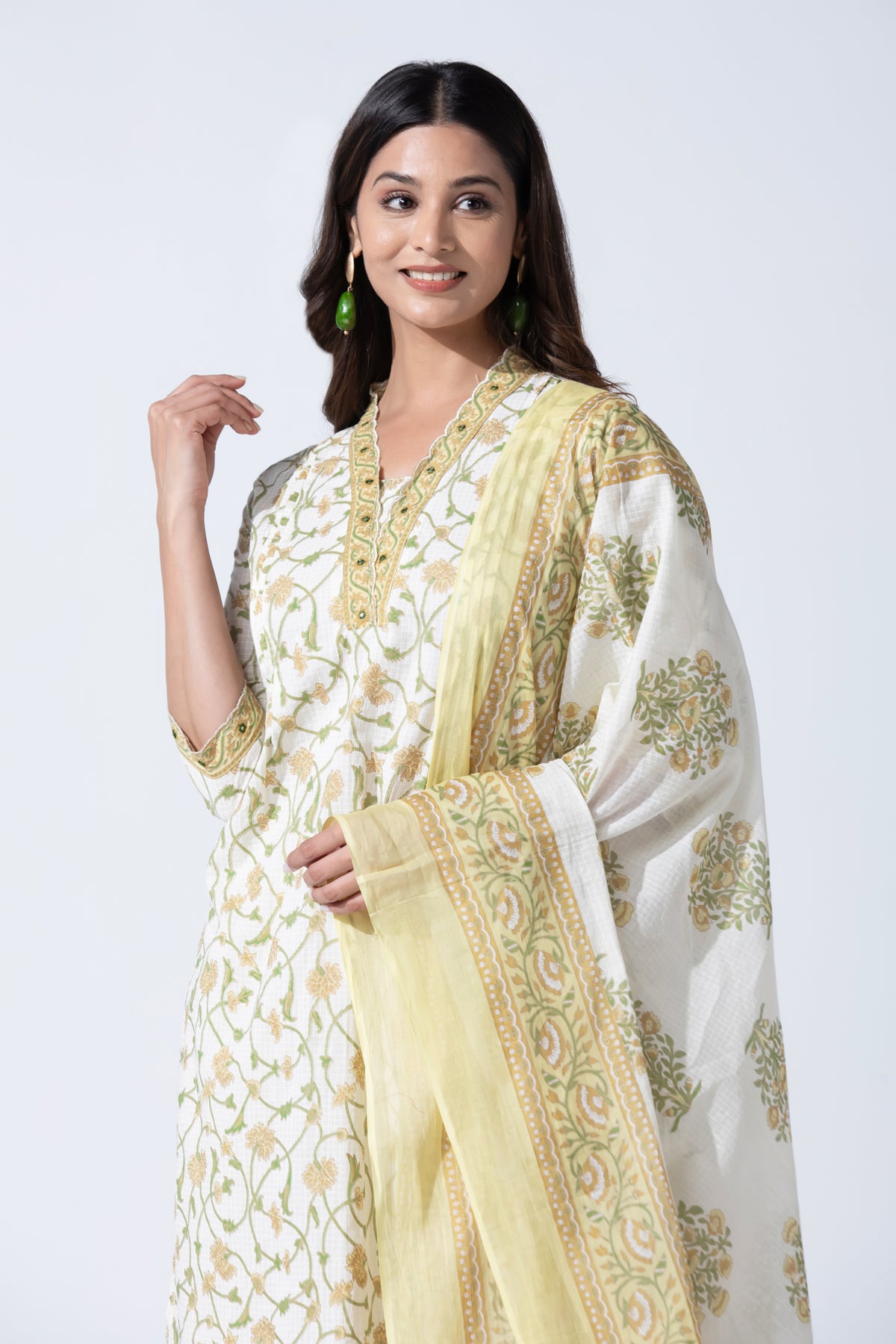 Pastel Yellow Floral Printed Straight Cotton Kurta Set