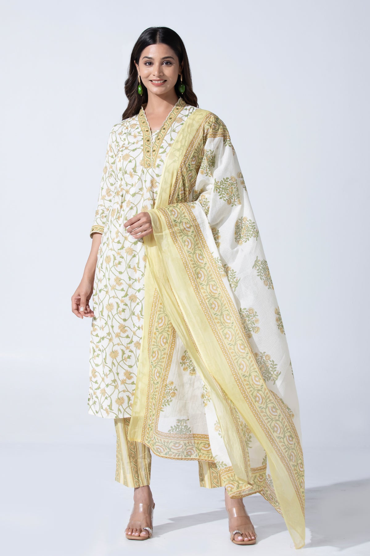 Pastel Yellow Floral Printed Straight Cotton Kurta Set
