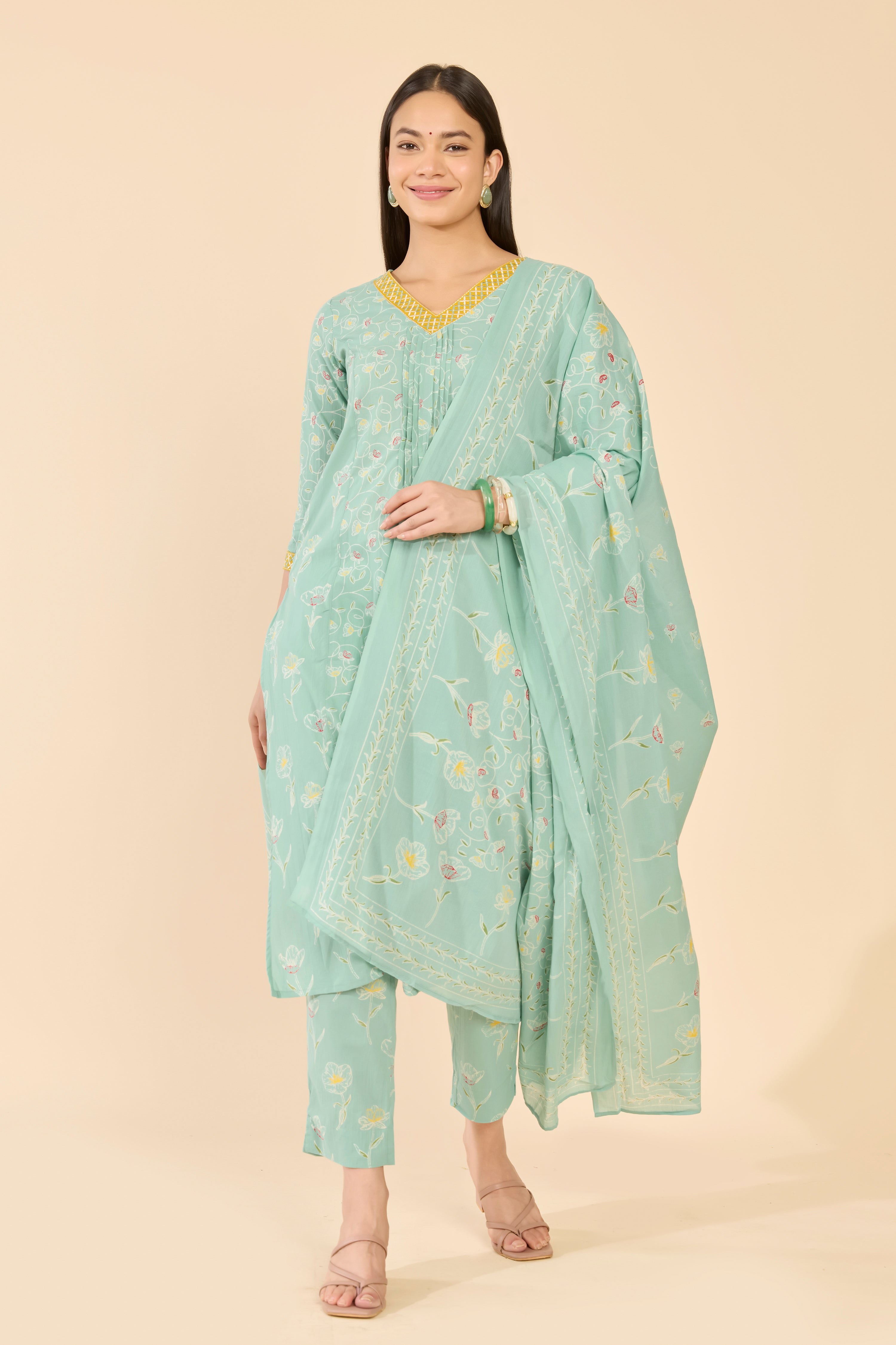 Turquoise Green Floral Print Jaipur Cotton Kurta Set