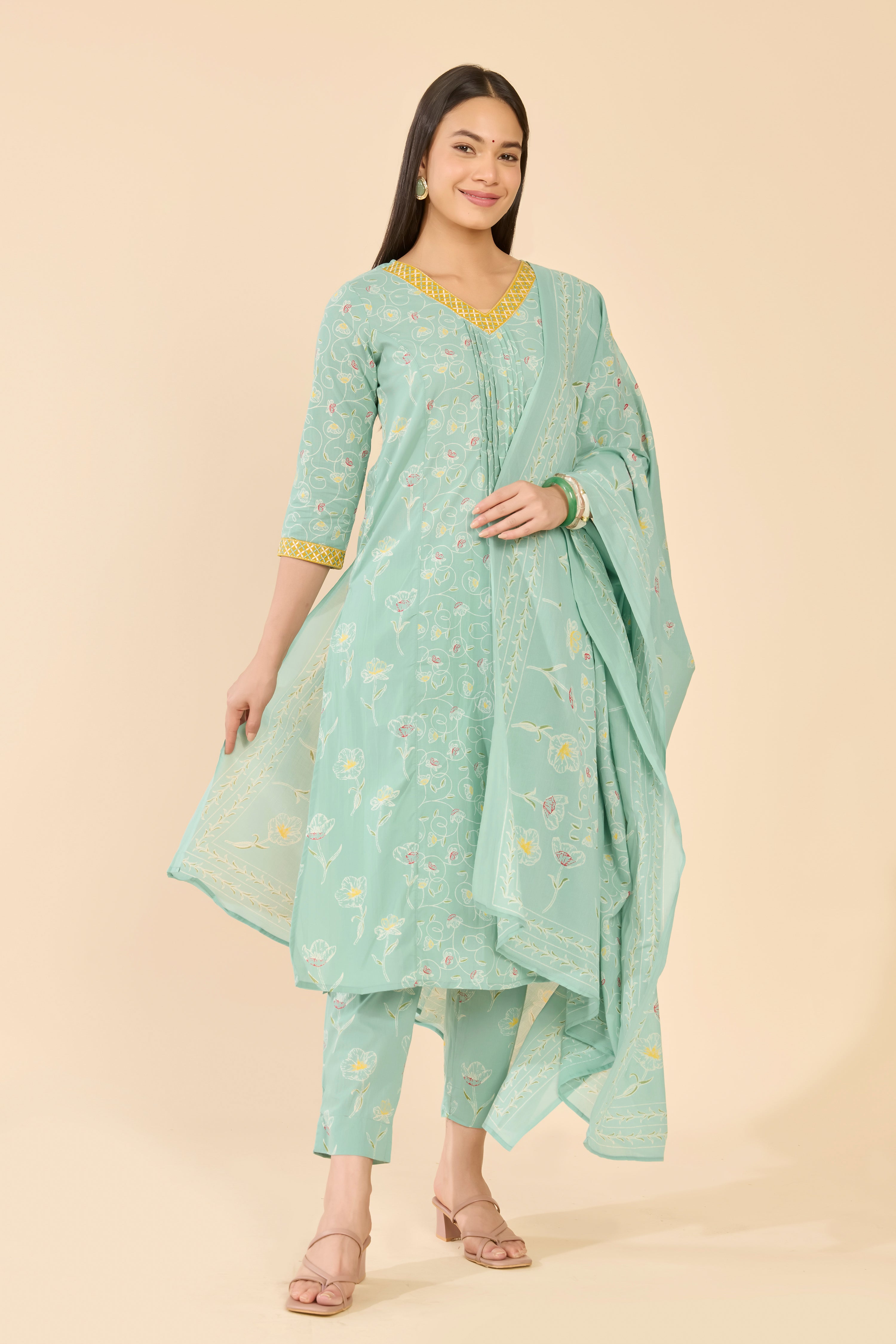 Turquoise Green Floral Print Jaipur Cotton Kurta Set
