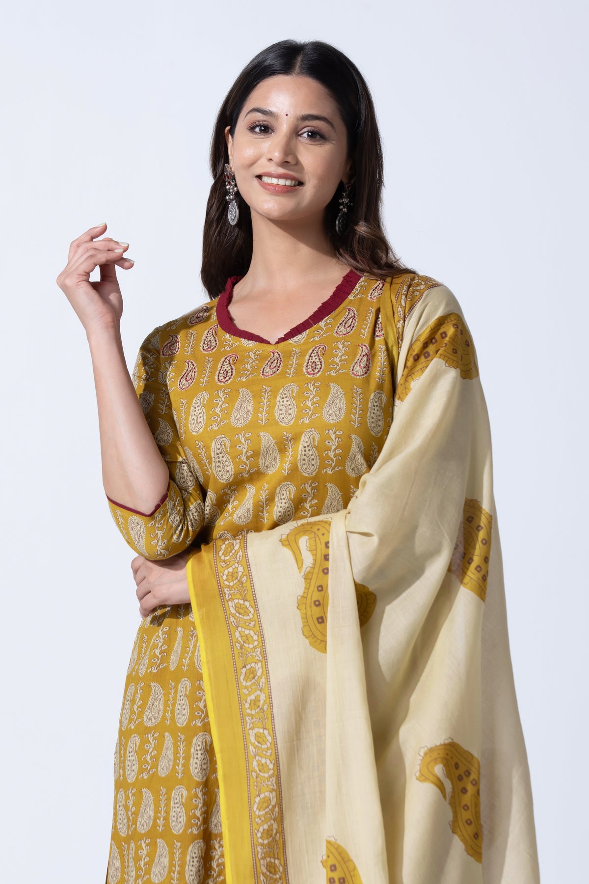 Mustard Paisley Printed Straight Cotton Kurta Set