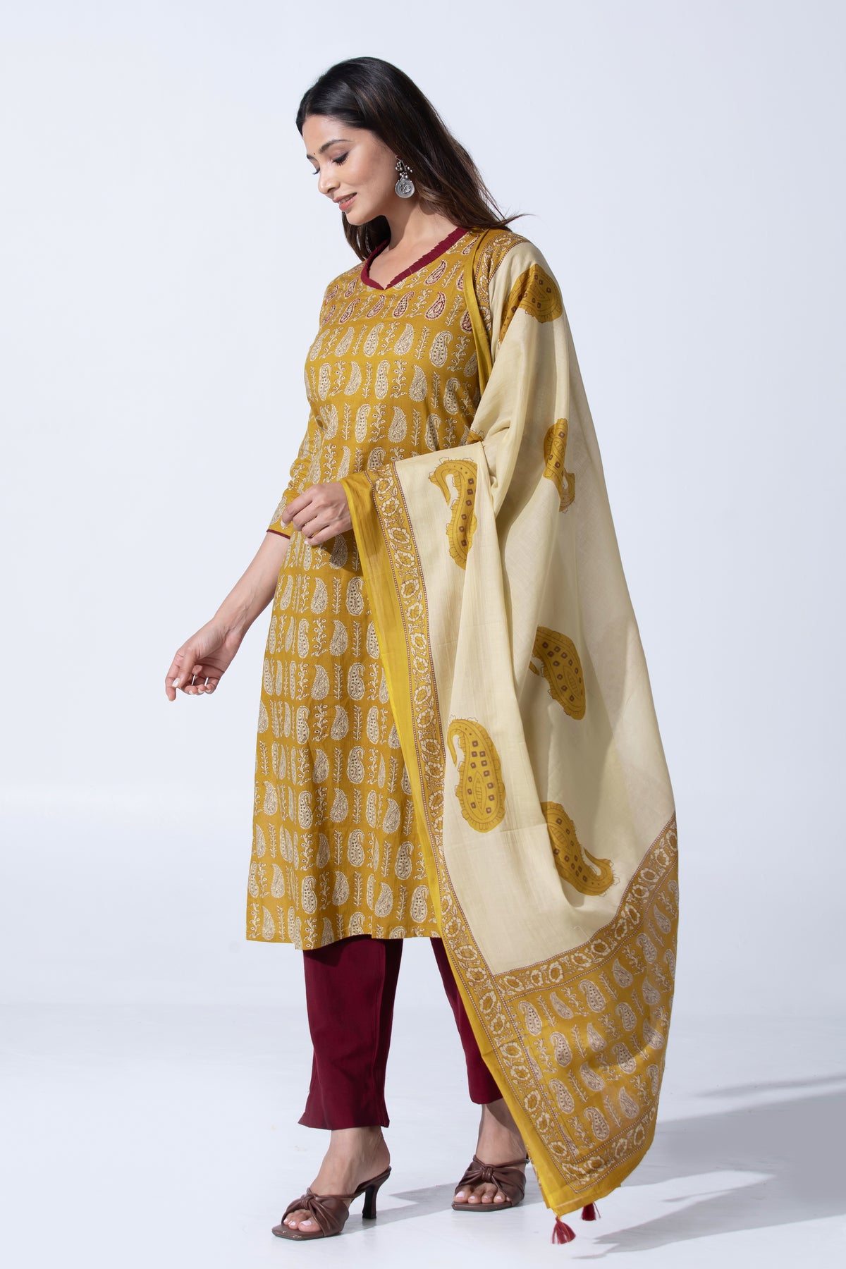 Mustard Paisley Printed Straight Cotton Kurta Set