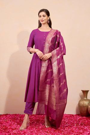 Floral Embroidered Kurtaset with Brocade Dupatta - Burgundy