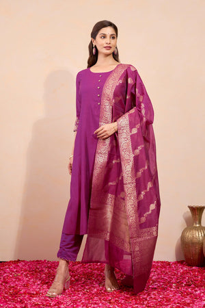 Floral Embroidered Kurtaset with Brocade Dupatta - Burgundy