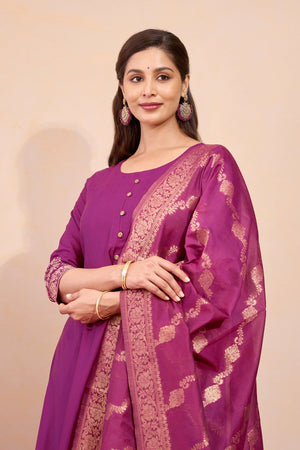 Floral Embroidered Kurtaset with Brocade Dupatta - Burgundy